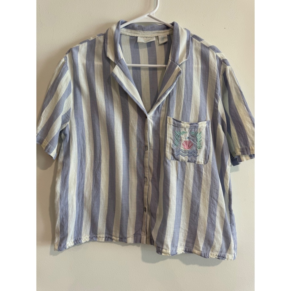 Summer 100% Cotton Cynthia Rowley Seashell Stripe Shirt Womens M Blue‎ Coastal